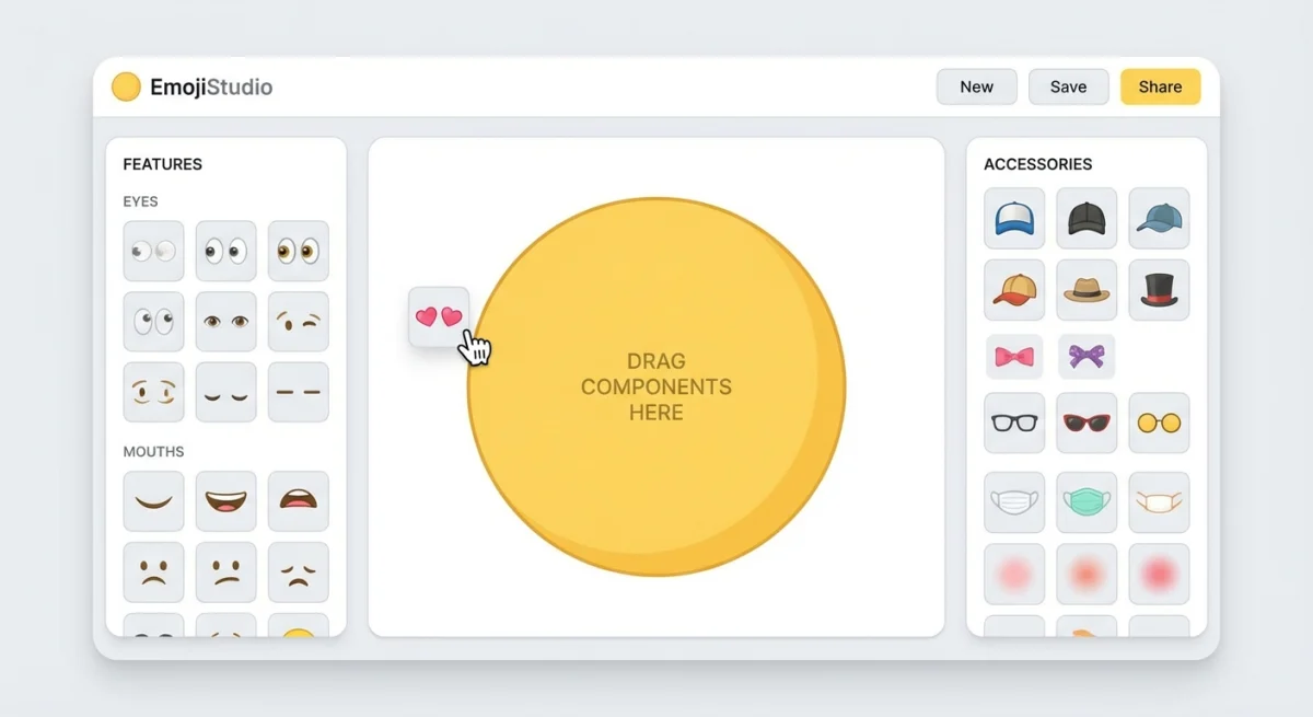 Emoji maker canvas with drag-and-drop component panels