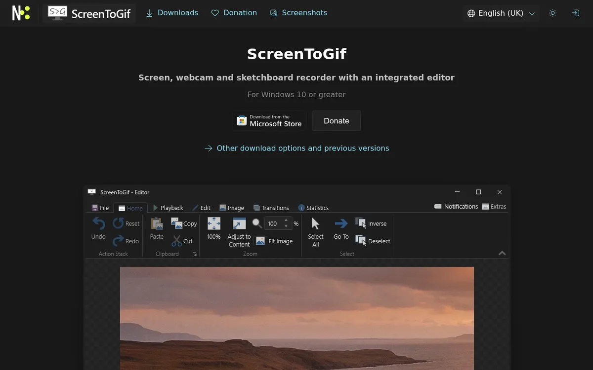 ScreenToGif official page with the Microsoft Store download badge and the ScreenToGif frame editor window