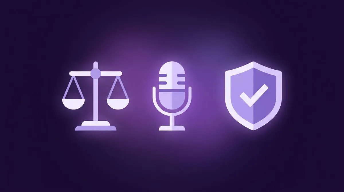 A balance scale beside a microphone and a shield with a checkmark, representing consent for recorded calls