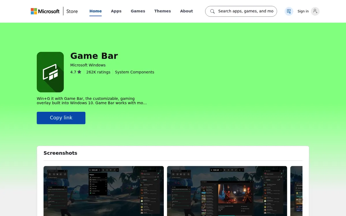 Microsoft Store listing for Game Bar, the free game recorder built into Windows 10 and 11
