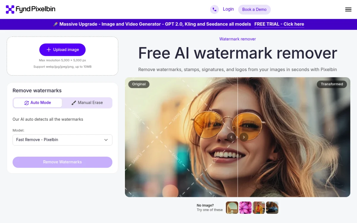 Pixelbin.io watermark remover homepage — no signup AI watermark removal