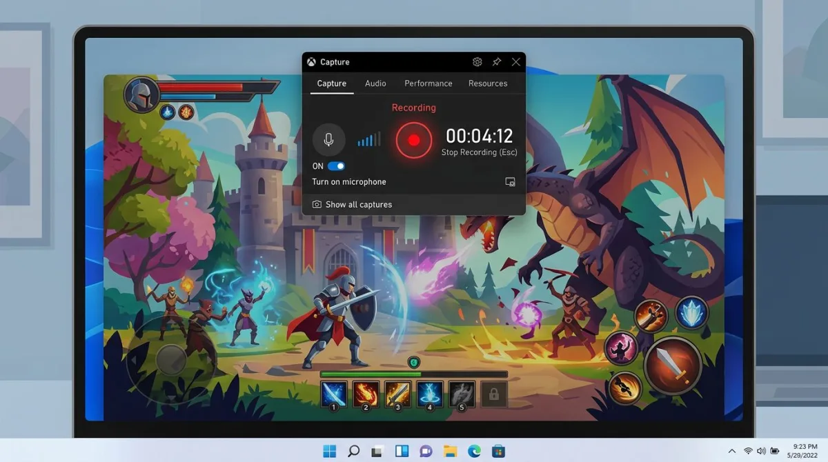 Windows 11 Einstellungen mit erweiterten Optionen der Xbox Game Bar und Reparieren- und Zurücksetzen-Buttons