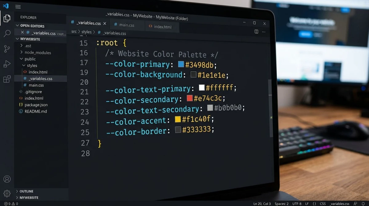 Code editor showing CSS custom properties for a color palette