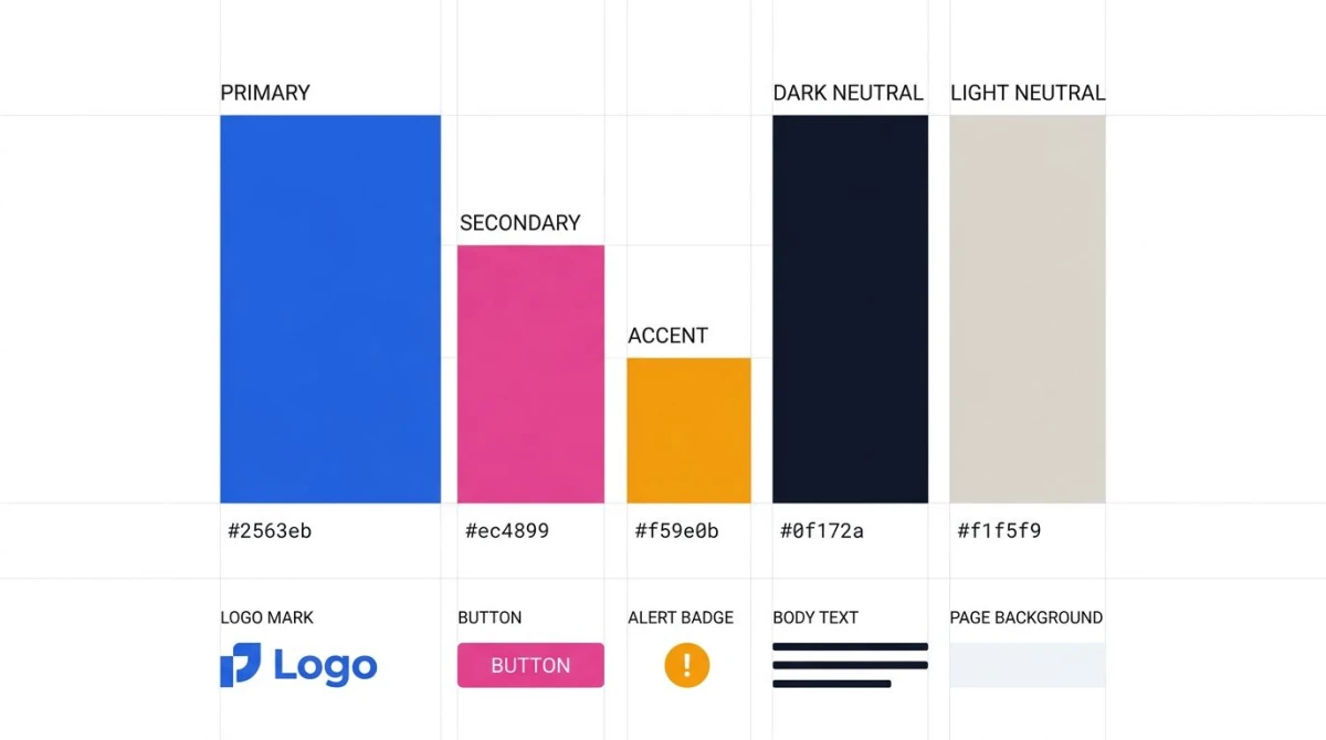 Five-color brand palette structure with primary, secondary, accent, and neutral roles labeled