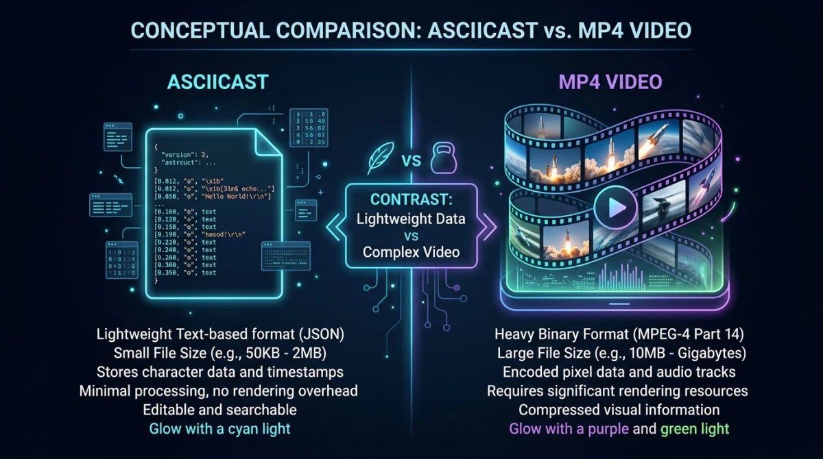 Diagram comparing a small asciicast text file with a much larger MP4 video file