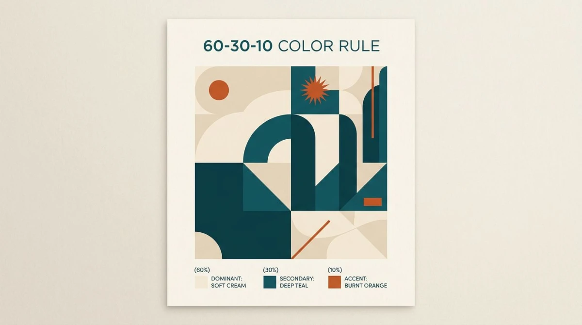 60-30-10 rule example showing one dominant color, one mid color, and a small accent