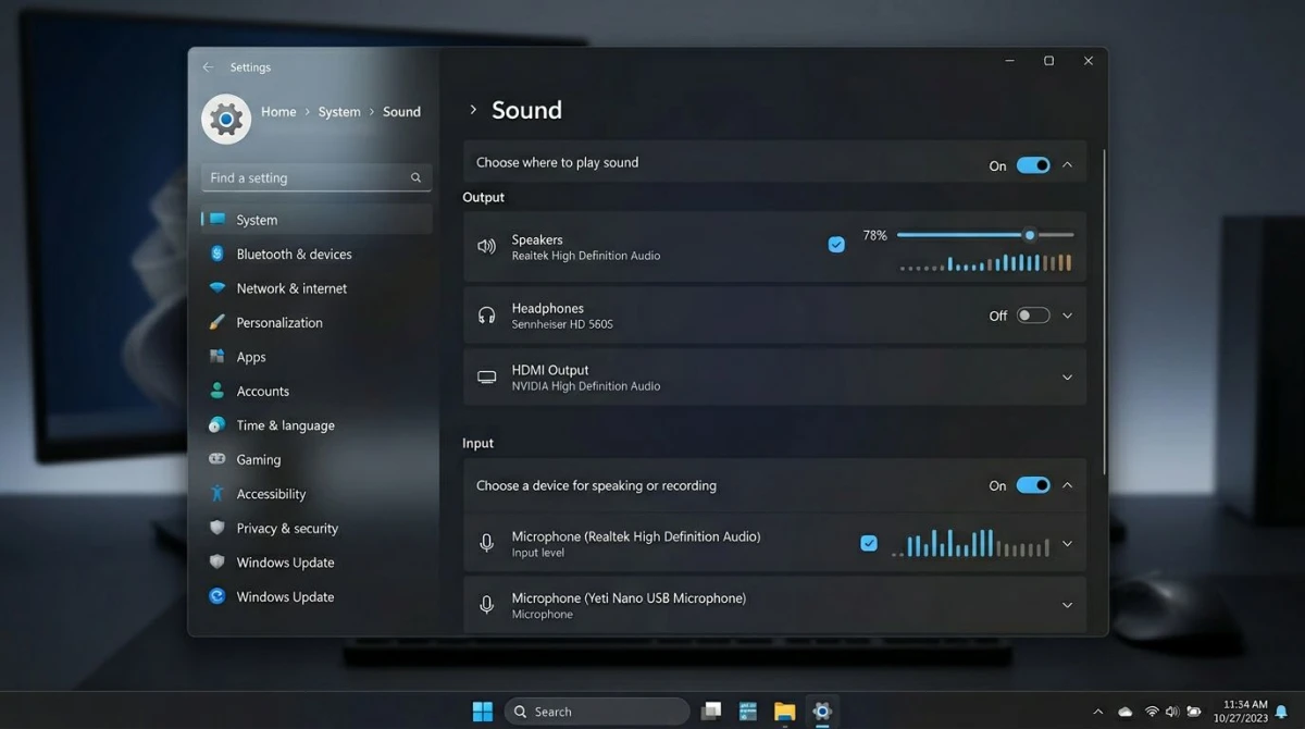 Windows 11 Sound settings panel showing audio input and output devices