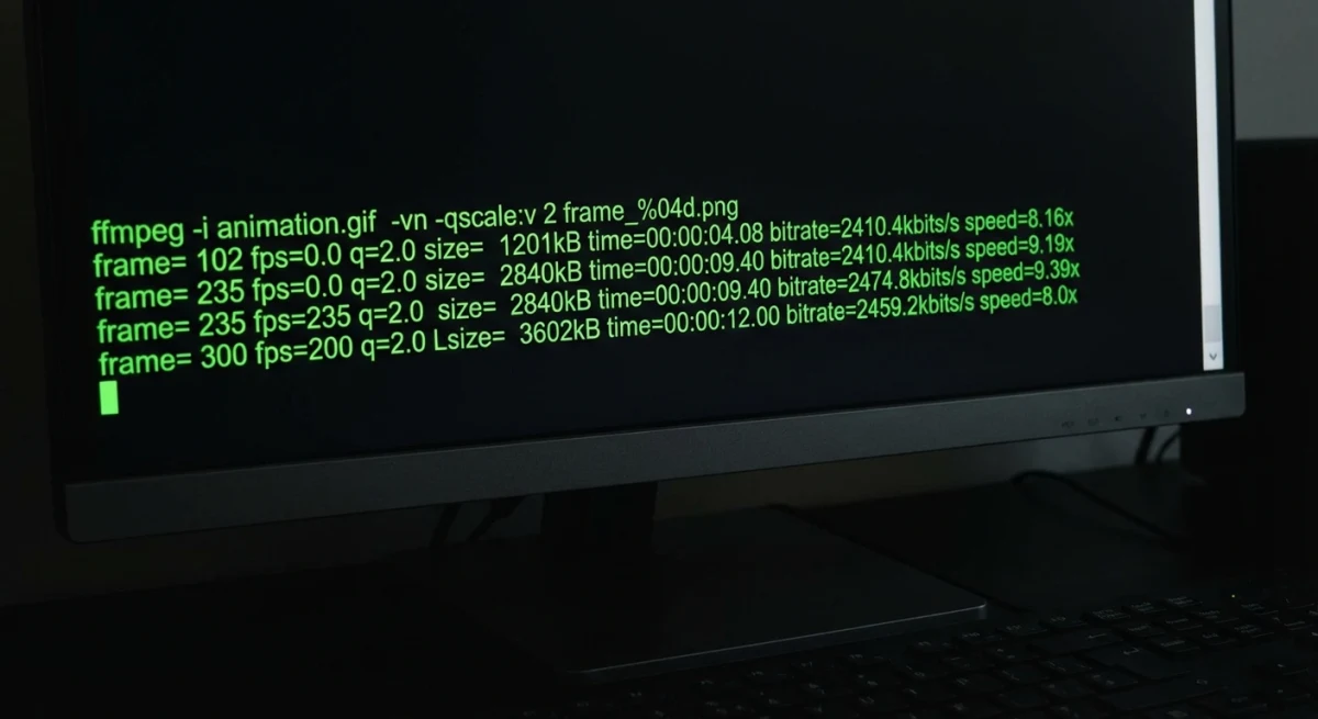 Terminal showing FFmpeg command to extract GIF frames as PNG files