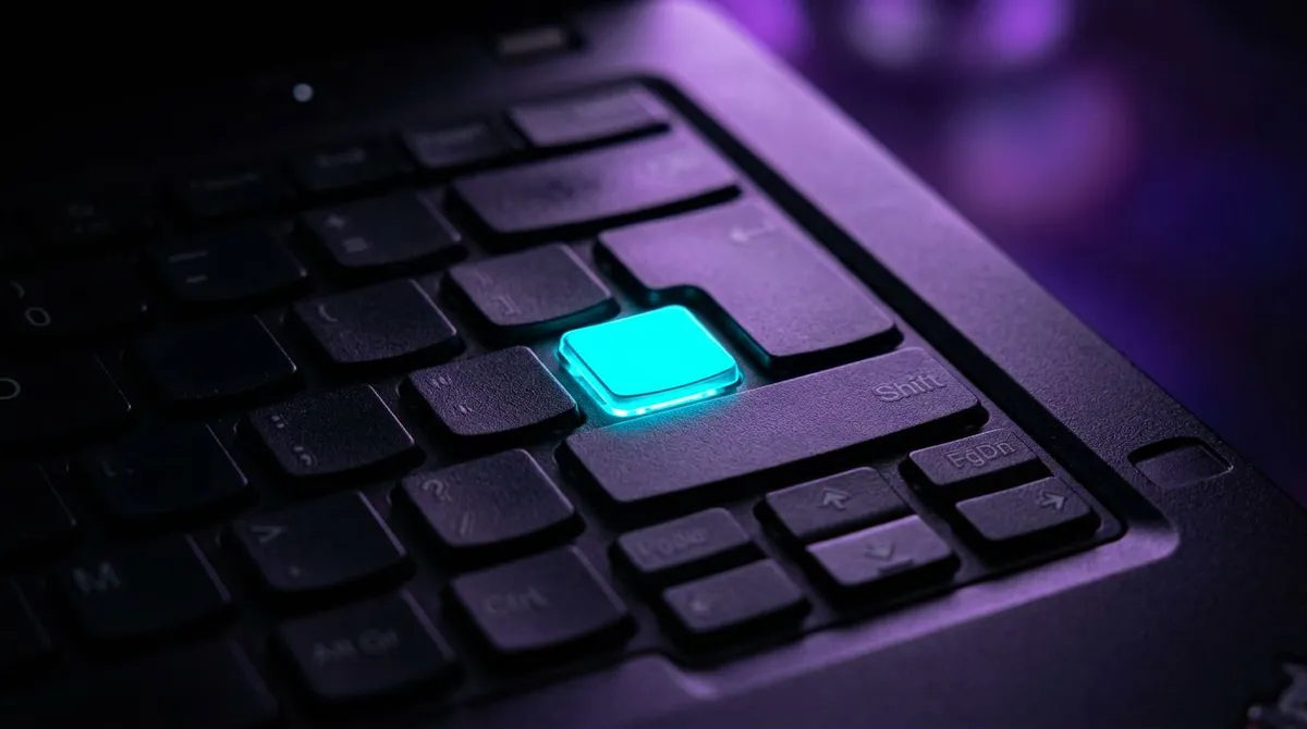 Macro shot of the bottom right keys on a dark ThinkPad keyboard with the Print Screen key glowing cyan