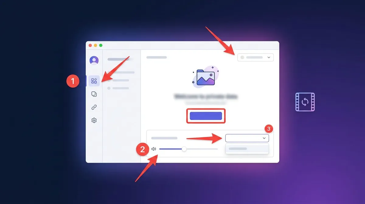 Annotierter Screenshot für interne Dokus mit Pfeilen, nummerierten Schrittmarkern, einem hervorgehobenen Button und verwischten privaten Daten
