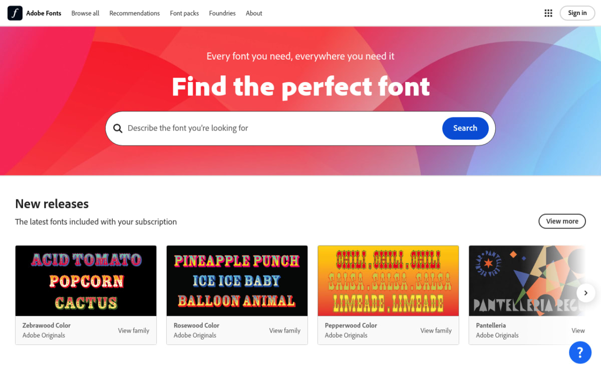 Adobe Fonts homepage — visual font search for Creative Cloud subscribers
