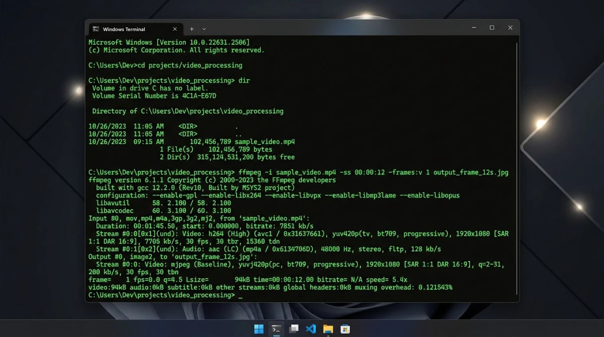 Eingabeaufforderung unter Windows mit FFmpeg-Code, der einen Video-Frame extrahiert