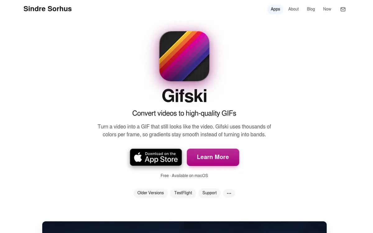 Gifski product page by Sindre Sorhus, the free Mac app that converts videos into high quality GIFs