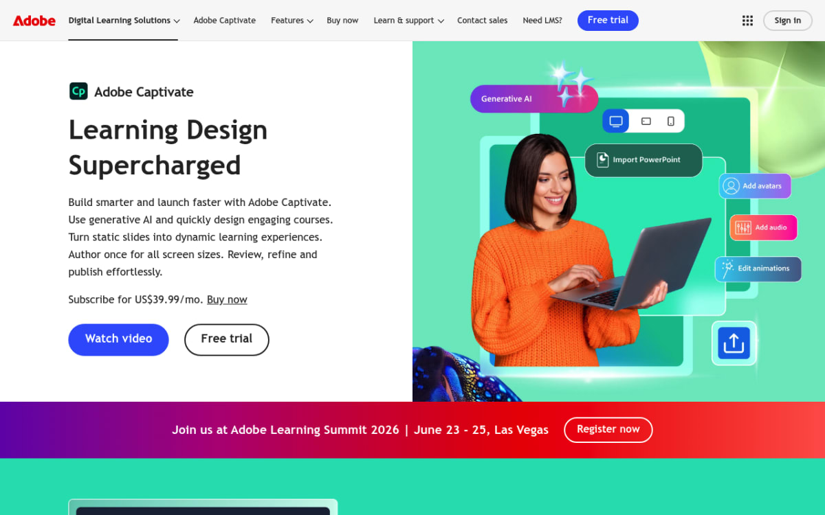 Adobe Captivate homepage presenting the responsive eLearning course builder with software simulations