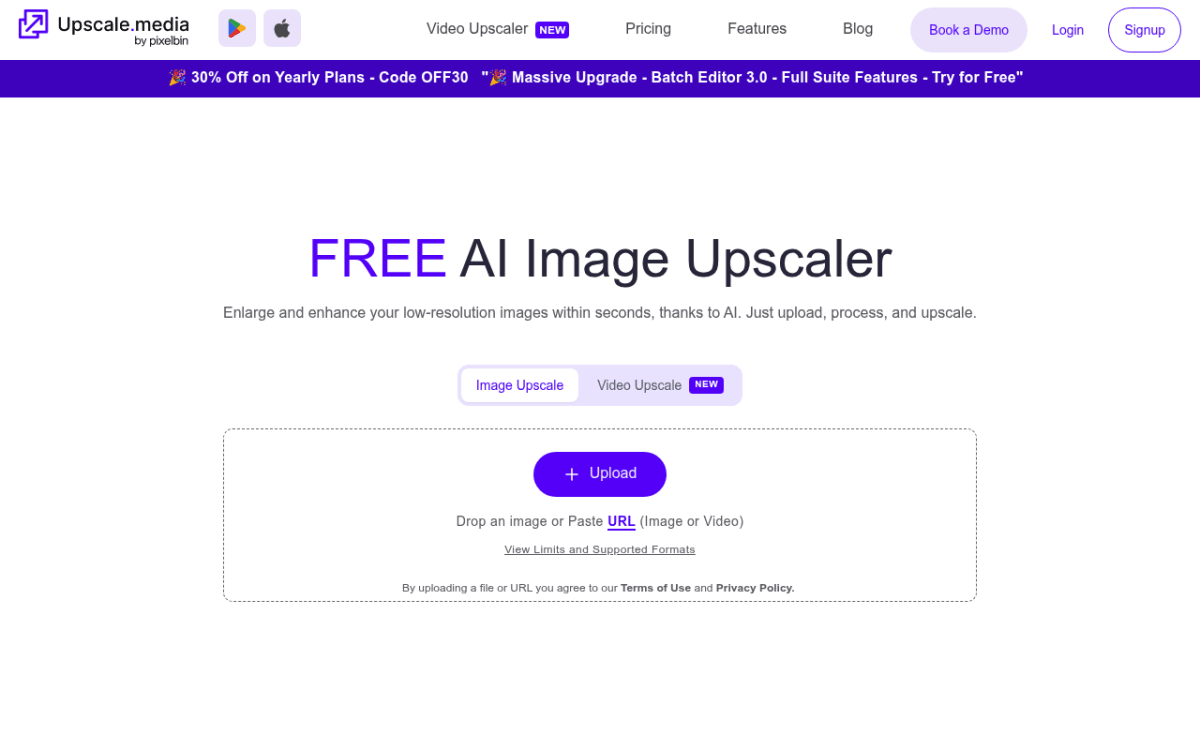 Upscale.media homepage showing the free AI image upscaler upload area