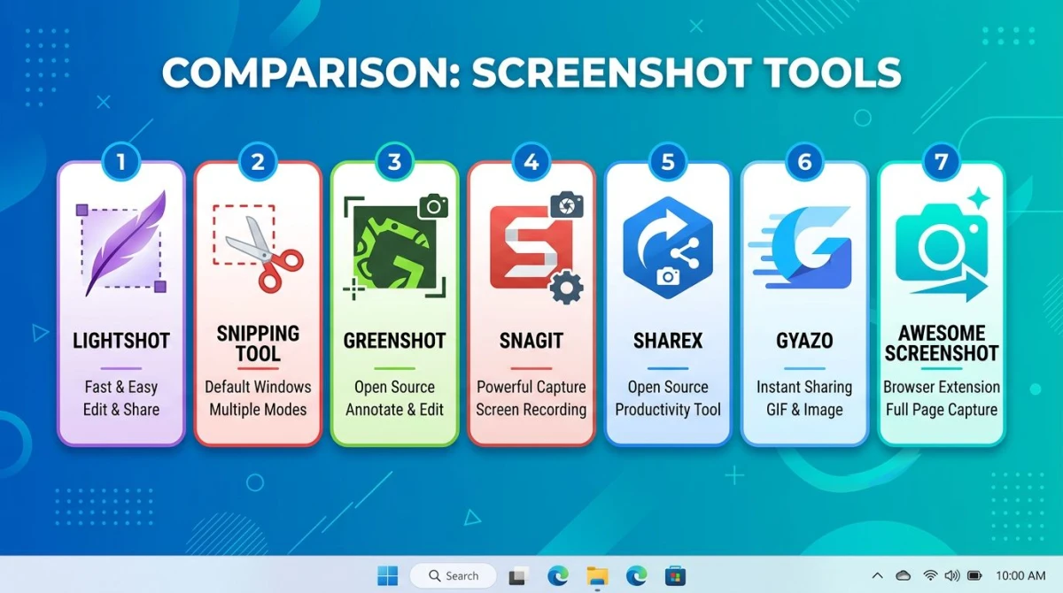Comparison chart of seven Windows screenshot tools