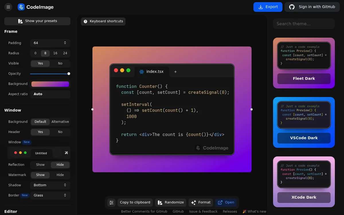 CodeImage editor, an open source app for styling code screenshots with frames, gradients and themes