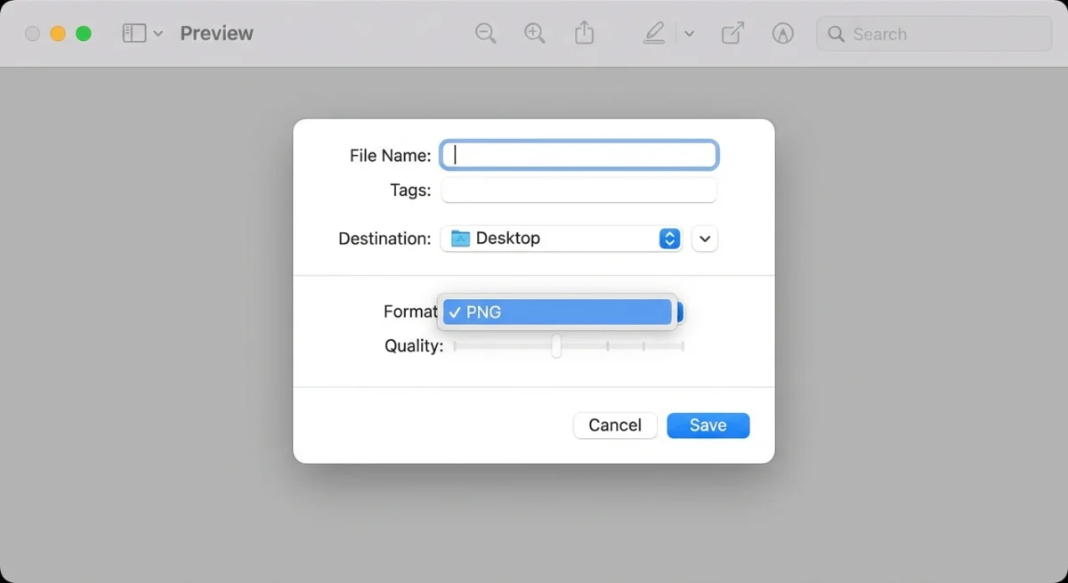 Mac Preview export dialog with PNG format selected