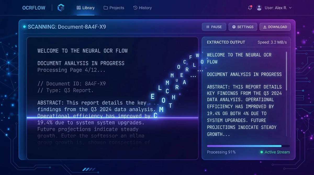OCR-Textextraktion-Visualisierung mit Zeichen, die von einem Screenshot abheben
