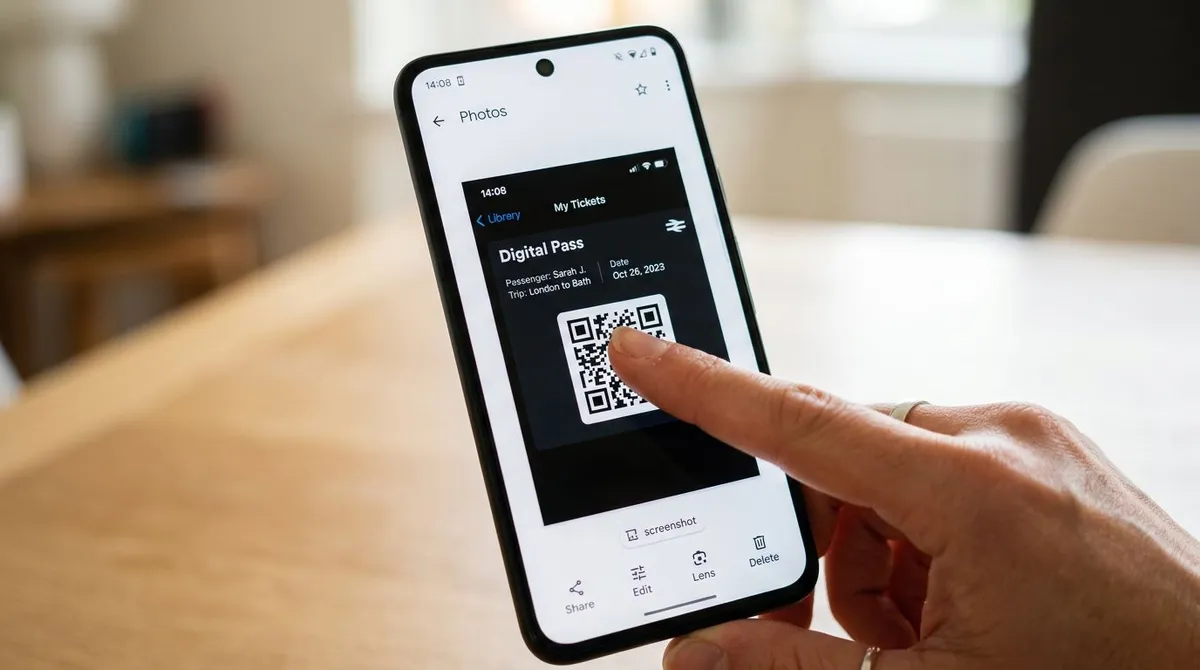 Finger pressing and holding a QR code inside a phone photo gallery