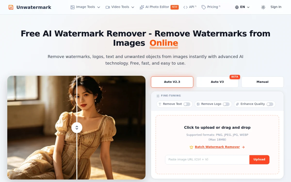 Unwatermark.ai homepage — watermark remover for both video and photo content