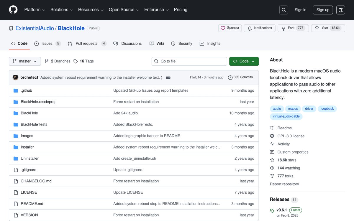 BlackHole virtual audio driver GitHub page — free open-source audio routing for Mac