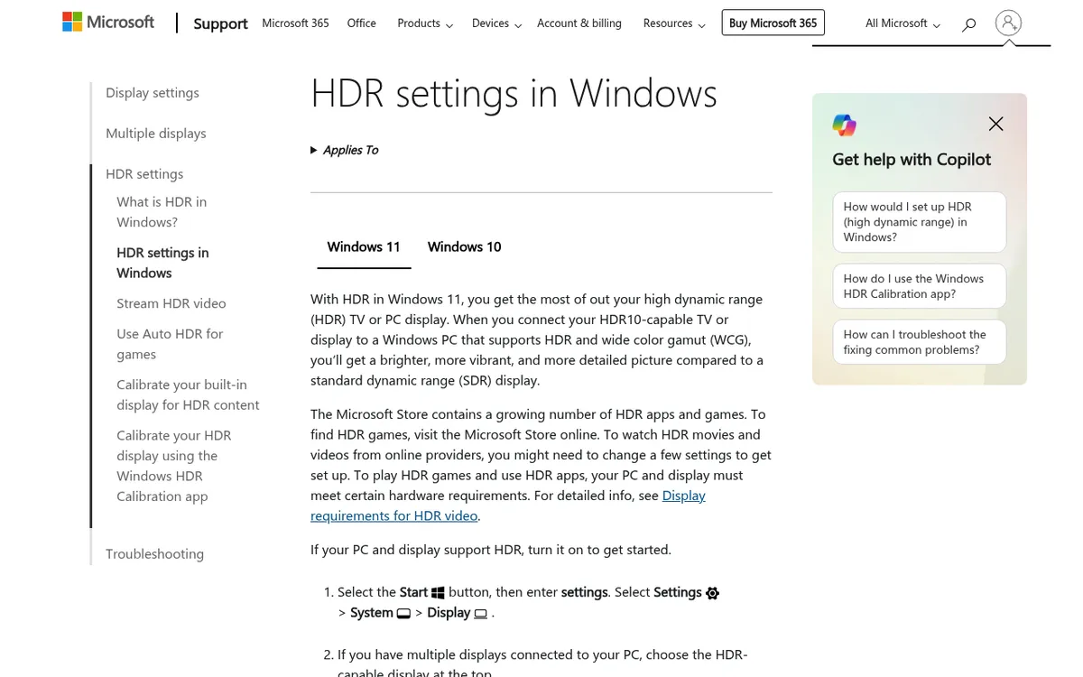 Microsoft-Support-Seite zu HDR-Einstellungen in Windows mit dem Pfad Einstellungen, System, Anzeige für HDR