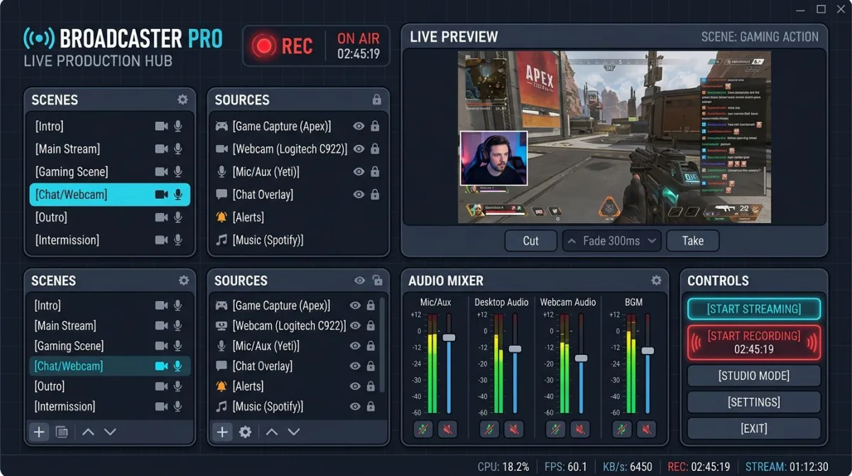 OBS Studio inspired dark dashboard with audio meters and panels