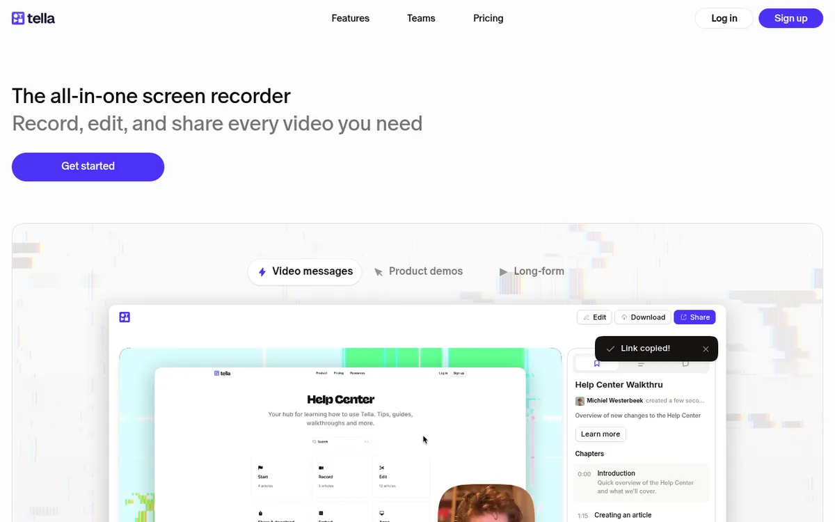 Tella homepage, the all in one screen recorder for recording, editing and sharing videos
