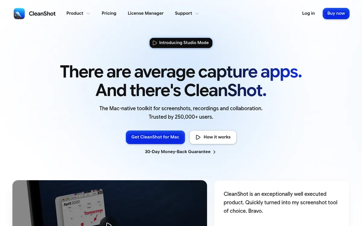 CleanShot X homepage, a Mac app for screenshots, screen recording and image annotation