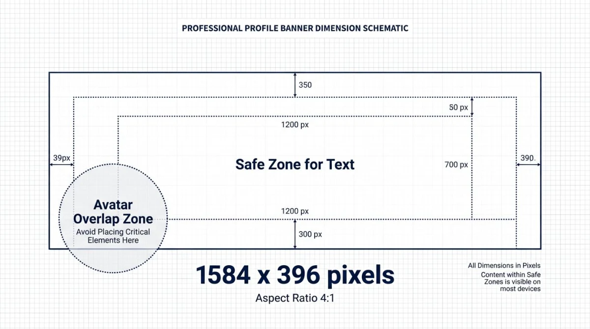 Safe zone diagram showing avatar overlap and text-safe area on LinkedIn banner