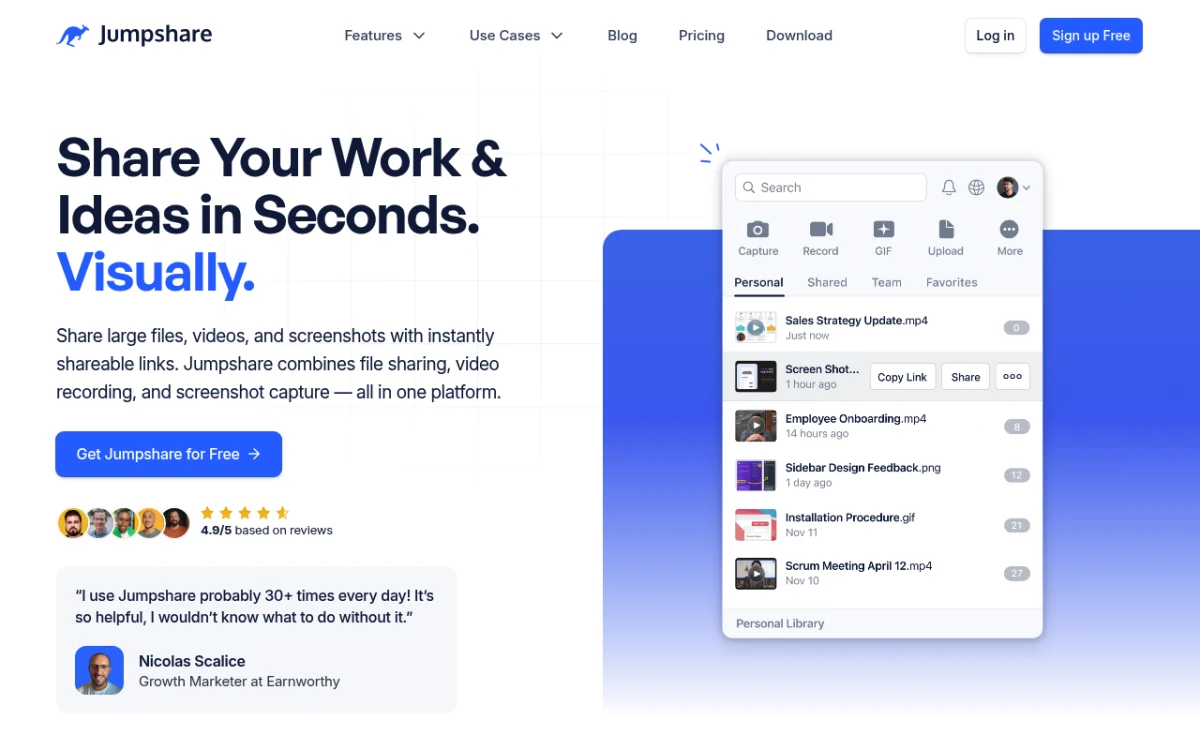 Jumpshare homepage showing the native screen recorder positioning