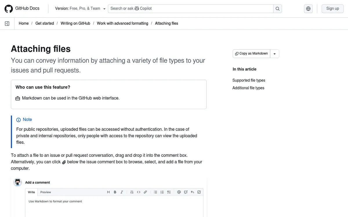 GitHub Docs Seite Attaching files mit den erlaubten Dateitypen für Issues und Pull Requests