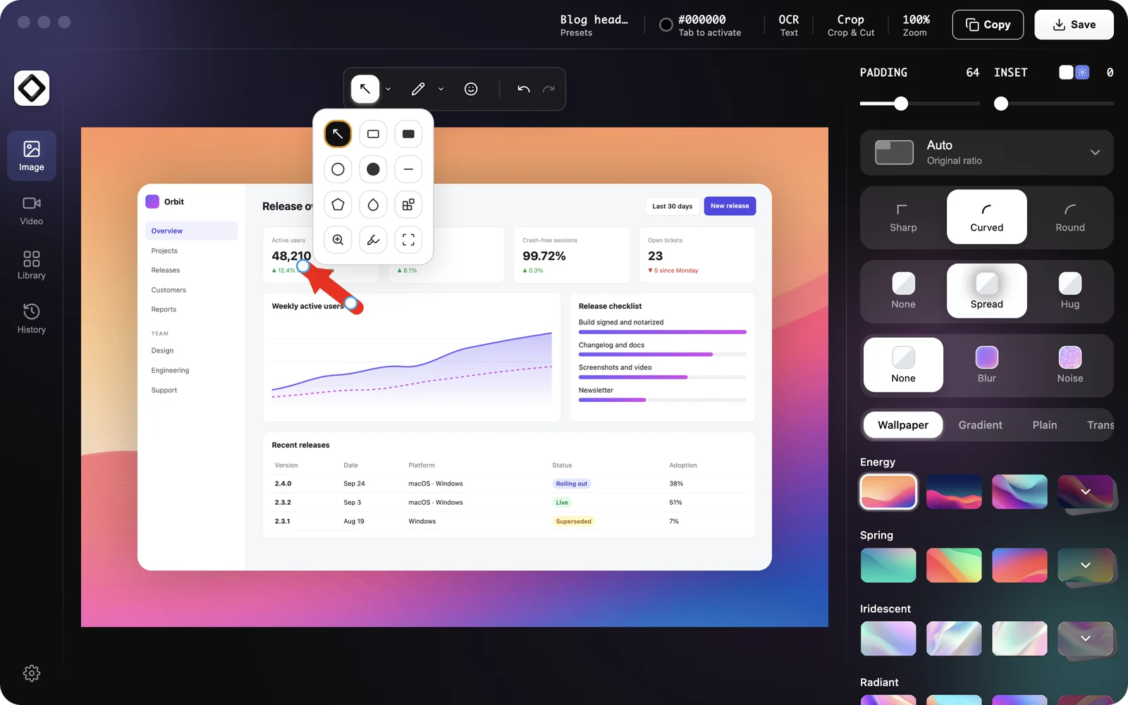 The ScreenSnap Pro editor with the shape tools menu open and a red arrow pointing at a number on a dashboard