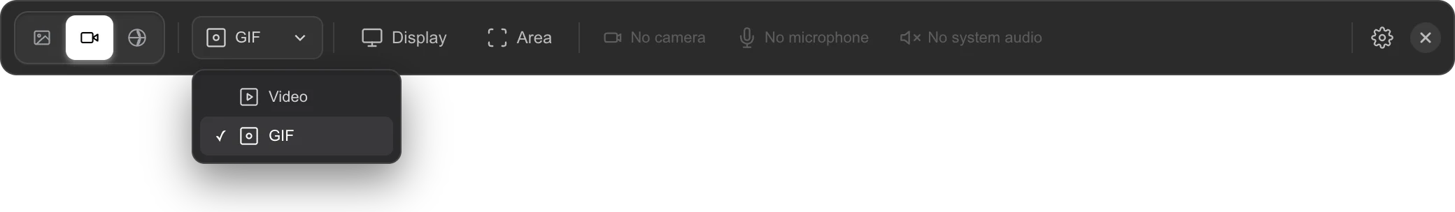 The recording bar with GIF picked in the format menu and the camera, microphone and system audio buttons grayed out