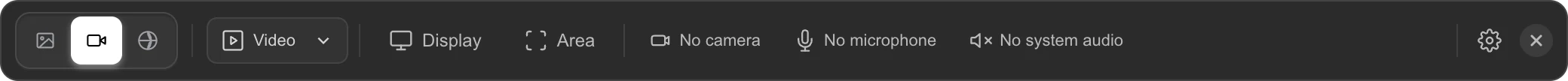 The Screen Recording tab of the ScreenSnap Pro capture controls with the Video format menu, the Display and Area buttons, and the camera, microphone and system audio toggles