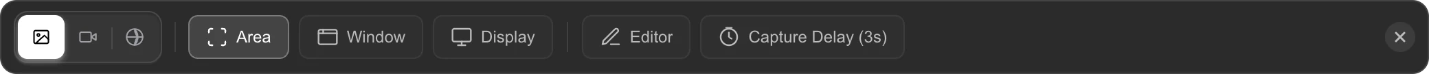 ScreenSnap Pro Capture Controls bar with Area, Window, Display, Editor and Capture Delay (3s) buttons