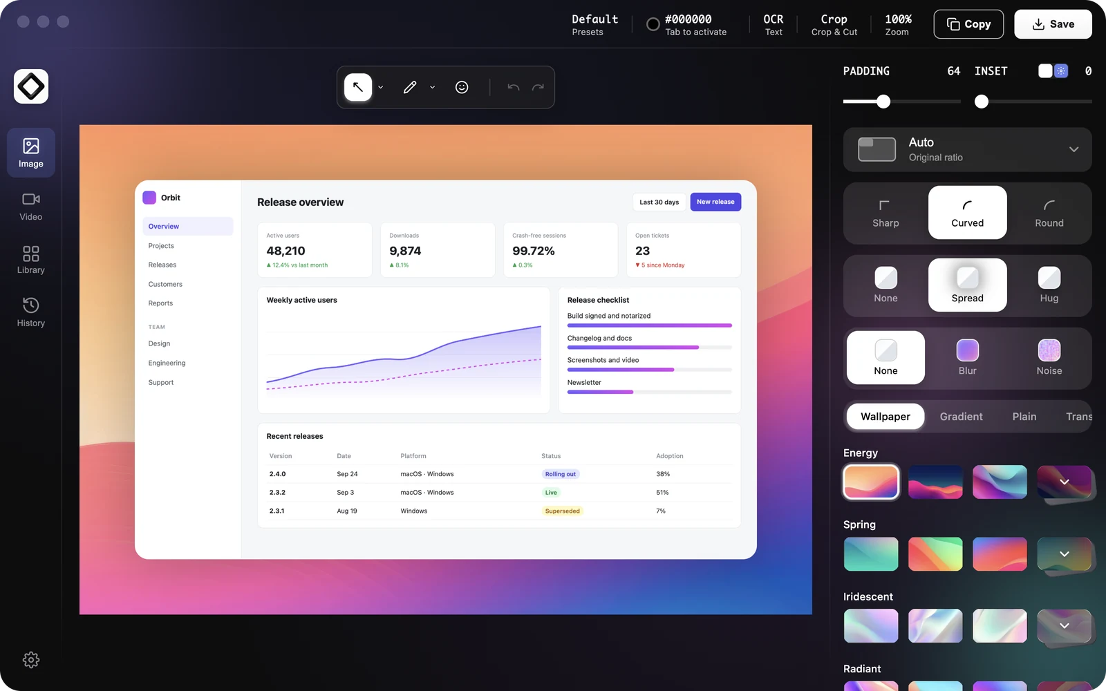 ScreenSnap Pro editor with a screenshot on a wallpaper background and padding, shadow and corner controls