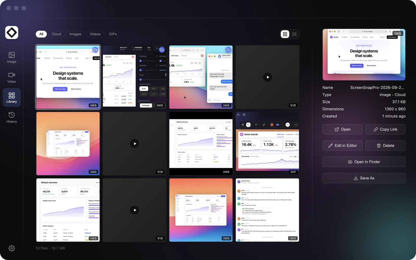 Die ScreenSnap-Pro-Bibliothek auf dem Mac mit Screenshots, Videos, GIFs und Cloud-Uploads in einem Raster