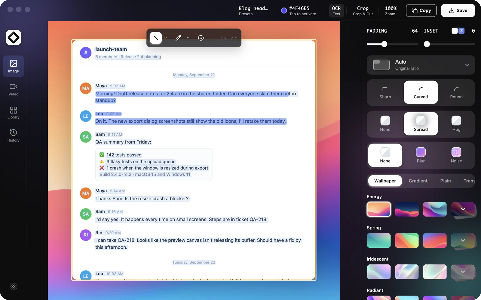 ScreenSnap Pro editor in OCR mode with the recognized lines of a chat screenshot highlighted and two lines selected