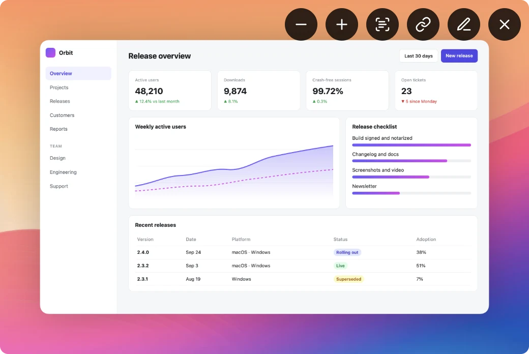 A pinned ScreenSnap Pro screenshot with its hover toolbar for zoom, Copy Text, upload, edit and close