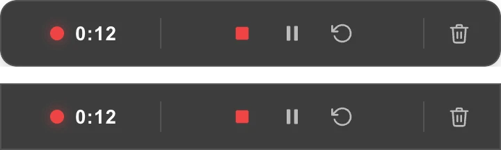The recording controls with the timer, Stop and save, Pause, Restart and Delete buttons, on Mac (top row) and Windows (bottom row)