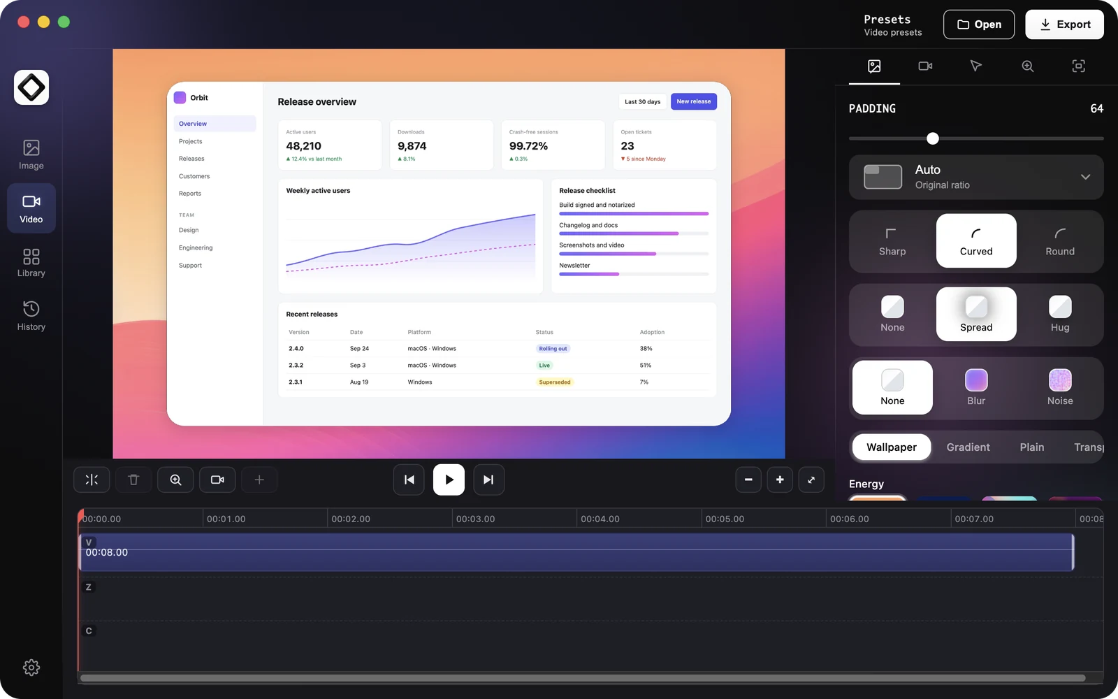 The video editor Background tab with padding, aspect ratio, corner, shadow and wallpaper options next to a recording framed on a sunset wallpaper