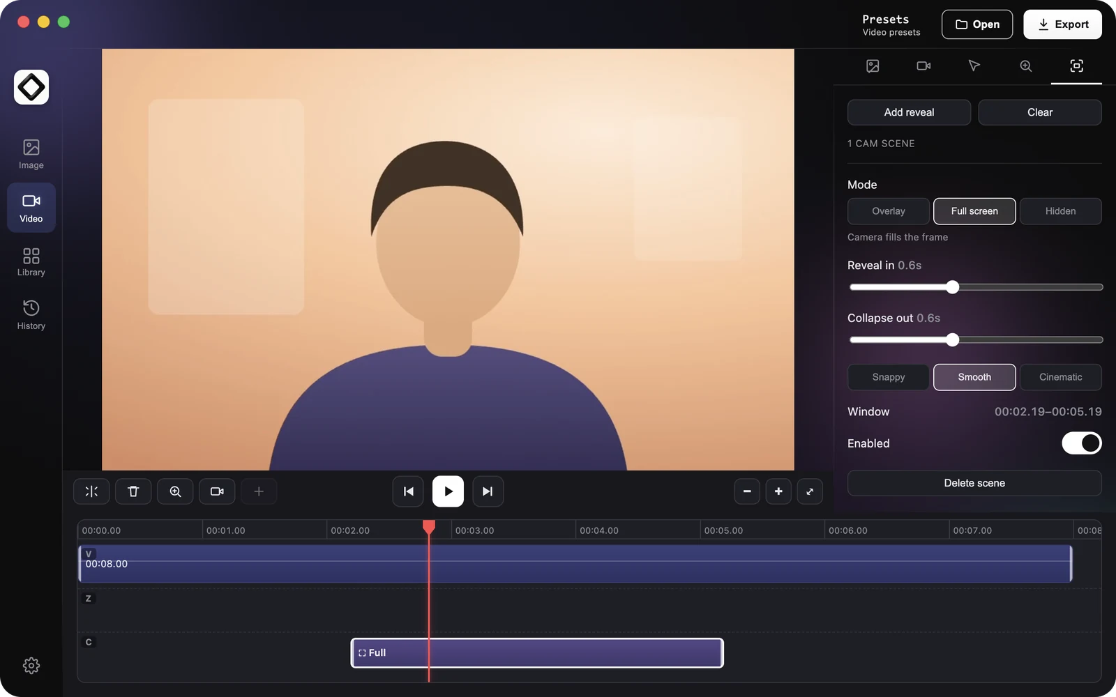 A cam scene set to Full screen in the video editor, with the webcam filling the frame and the scene on the C lane of the timeline