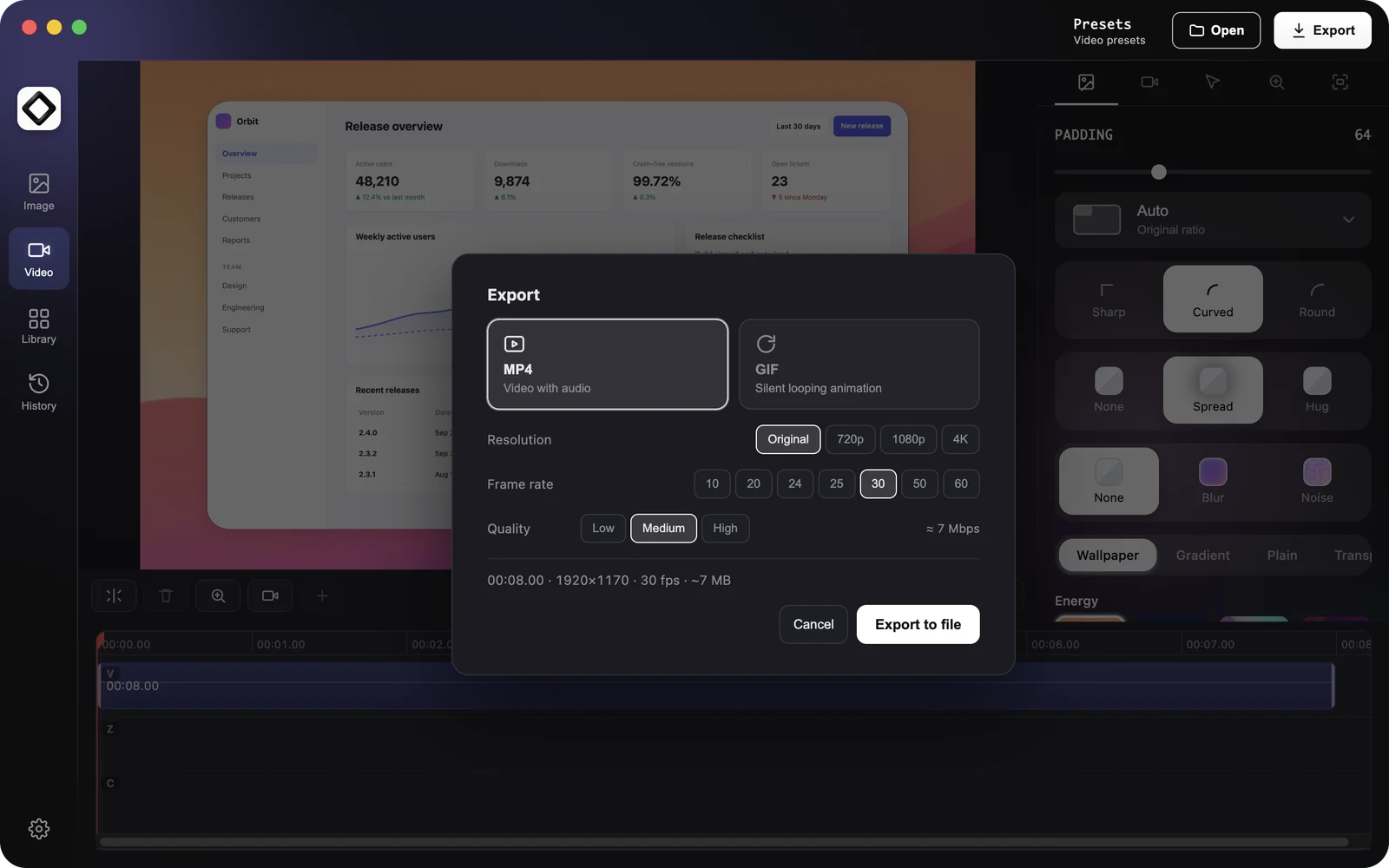 The video editor Export dialog with MP4 and GIF, resolutions from Original to 4K, frame rates from 10 to 60 fps, Medium quality and the estimated file size