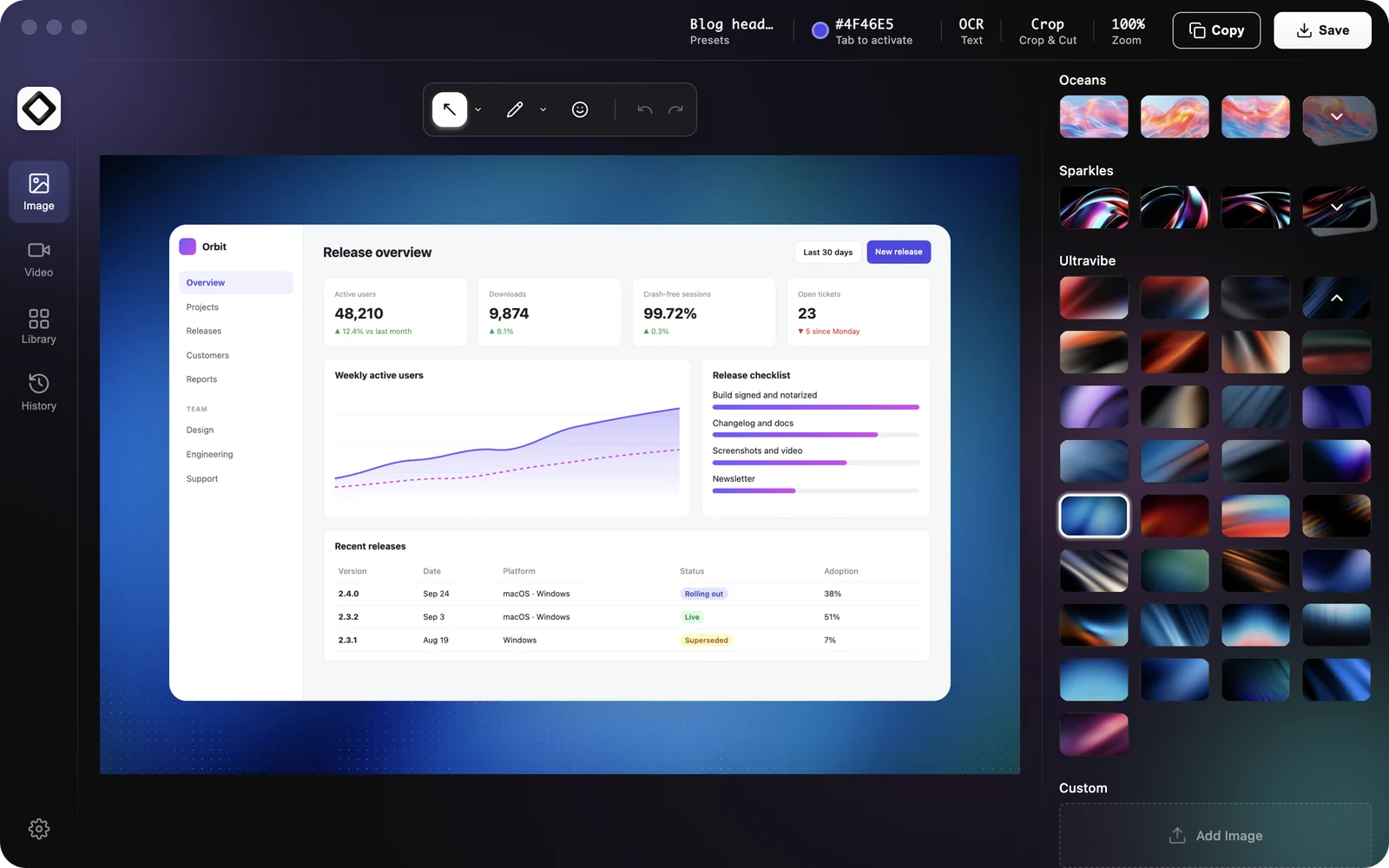 ScreenSnap Pro editor with the Wallpaper panel open next to a styled dashboard screenshot