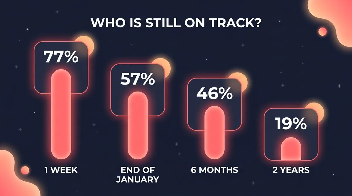 New Year's resolution success rates over time: 77% still on track after 1 week, 57% at the end of January, 46% at 6 months, and 19% after 2 years