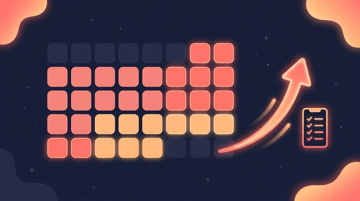 Calendar heatmap grid showing a growing streak with an upward momentum arrow, illustrating that tracking builds awareness and Big Mo over consecutive days