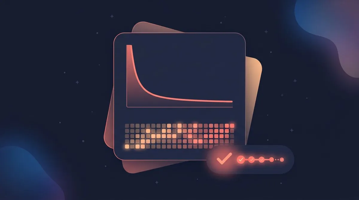 A steep hyperbolic value curve on a card next to a glowing coral streak counter and calendar heatmap, showing an immediate reward that counters present bias