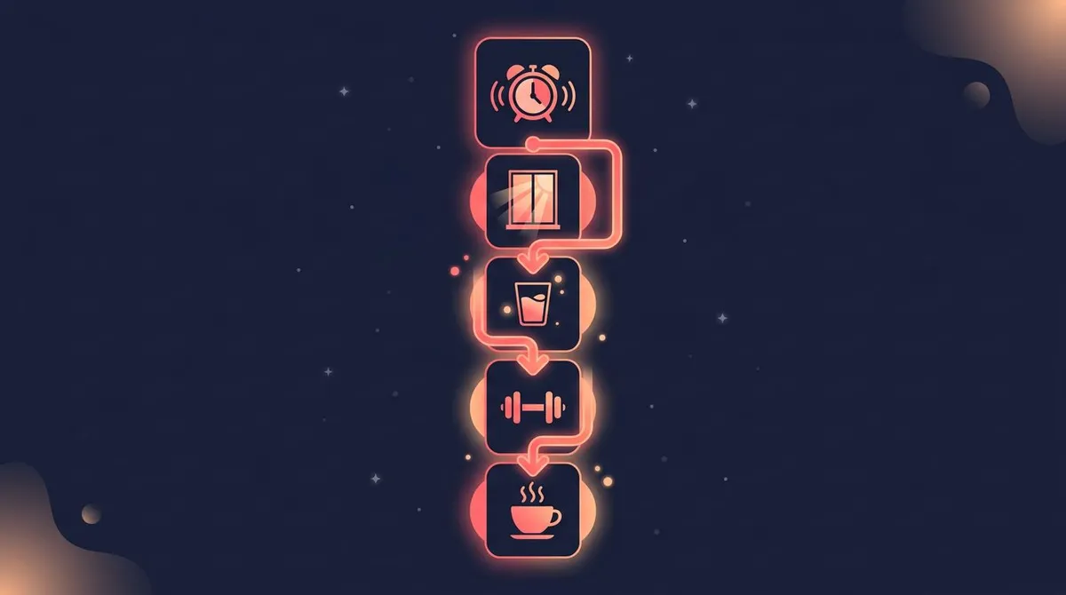 Infographic of a morning energy stack showing alarm, sunlight, water, movement and coffee as sequenced rounded cards